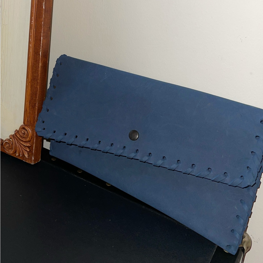 Navy Powder Blue Leather Oversized East West Clutch